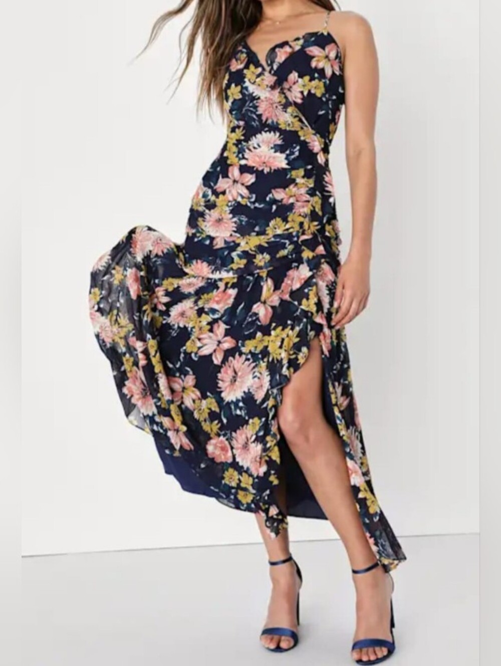 Lulu's Navy Blue Floral Print Midi Dress with Slit On The Front. S